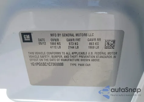 2012 Chevrolet Cruze 2Lt z USA, uszkodzony, nr VIN 1G1PG5SC1C7360008